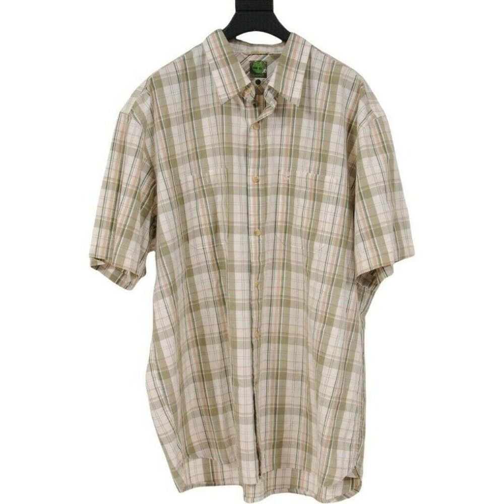 Timberland Men's Green White Brown Plaid Checkered Button Down Shirt Size XL